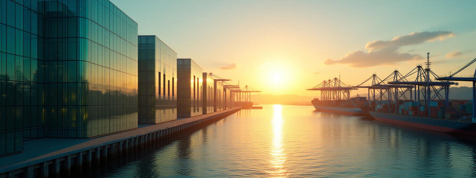 Panoramic view of Coastal Haven maritime district at dusk