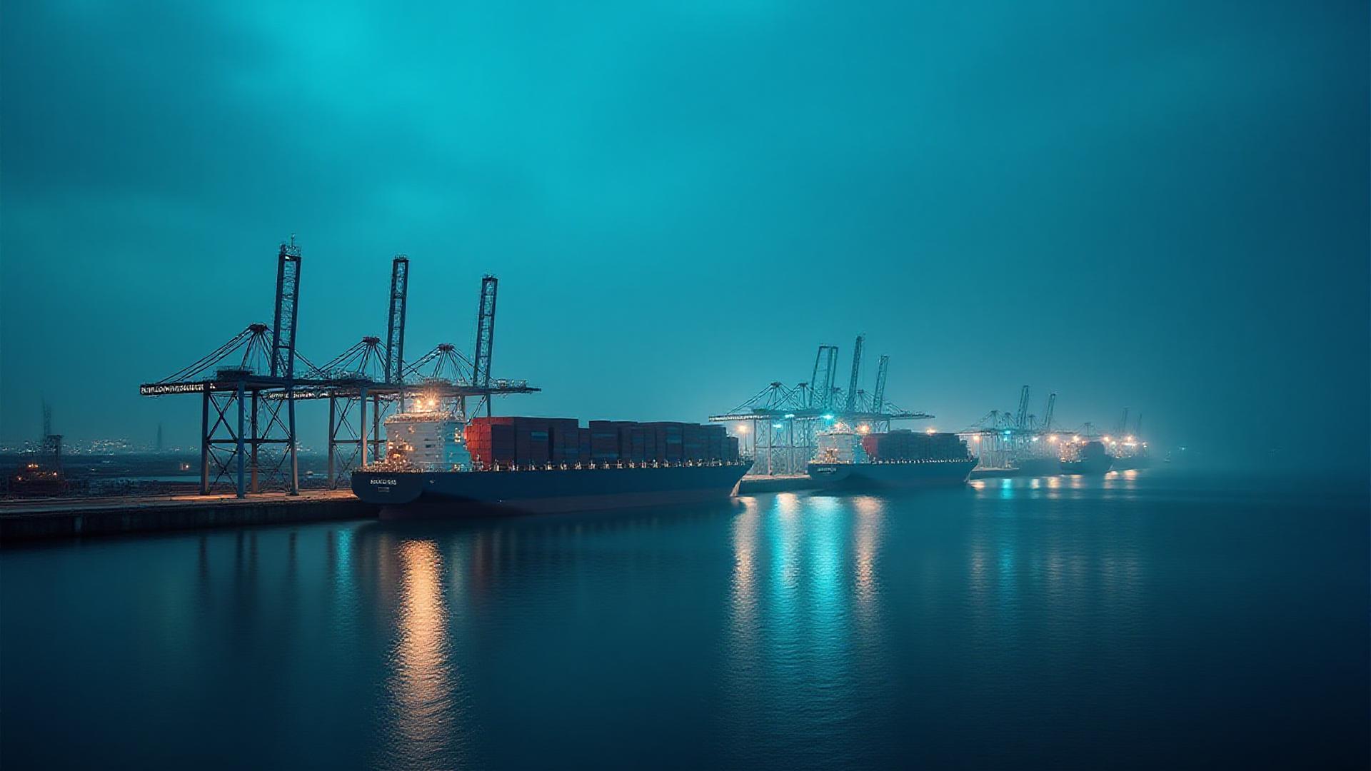 Modern maritime port at dusk with automated cranes and high-tech cargo ships